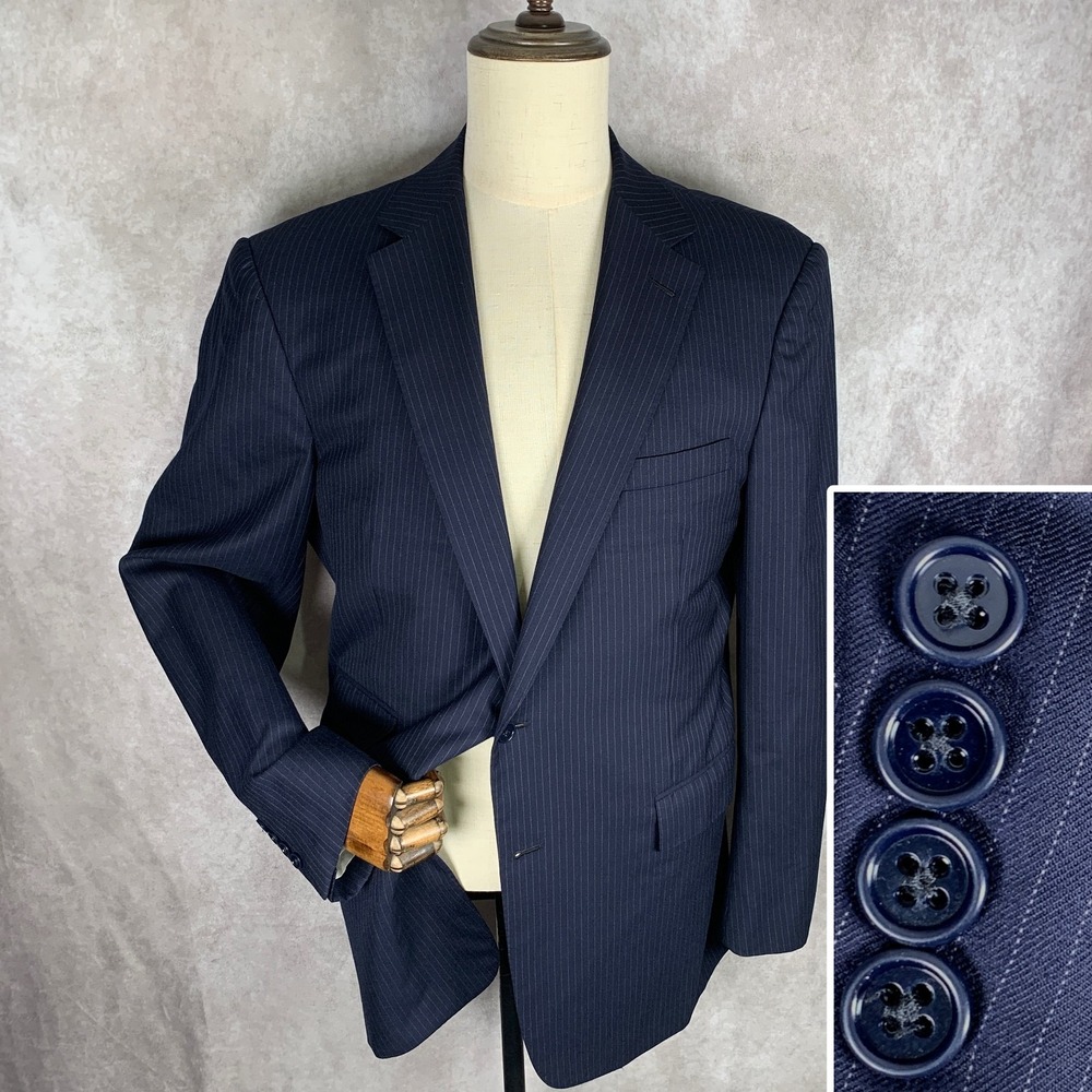 Ralph Lauren Purple Label Suit Jacket Men 44L Navy Stripe Blazer Cashmere Wool